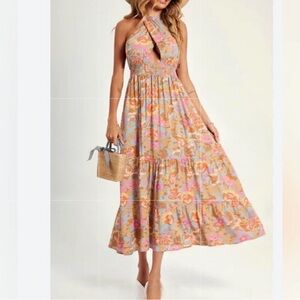 ZESICA Women Summer Halter Tie Neck Sleeveless Pink Floral Maxi Dress Size M NWT